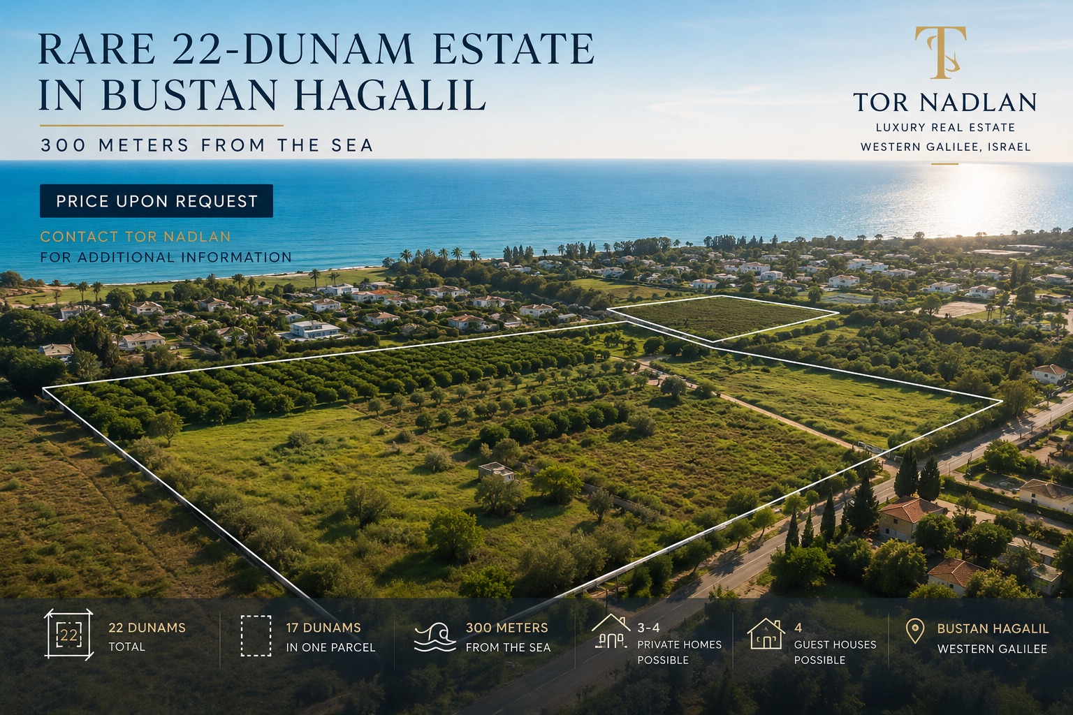 Parcel outline — Bustan HaGalil estate Annotated aerial photograph of the Bustan HaGalil 22-dunam estate showing the two parcel outlines