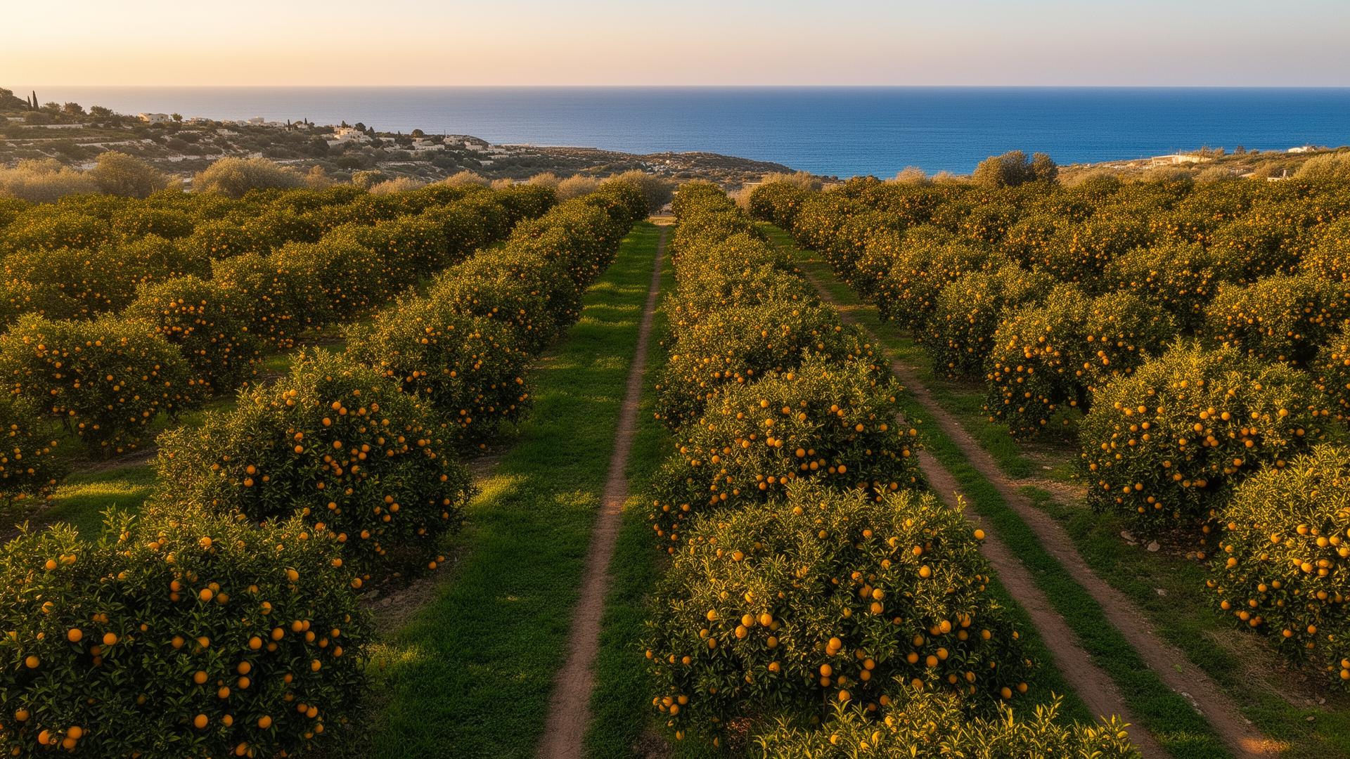 Bustan HaGalil — mature citrus orchard Mature citrus orchard on the Bustan HaGalil estate at golden hour, with the Mediterranean Sea in the distance