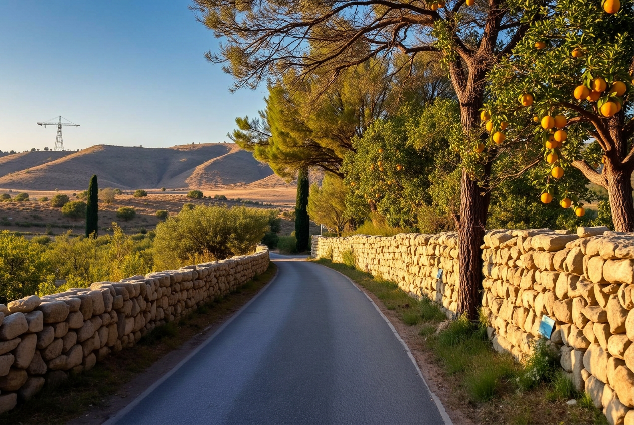 Betzet — country road through agricultural land Stone-walled country road through agricultural land in Betzet, Western Galilee, with citrus and pine trees