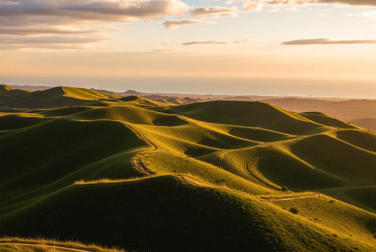 Western Galilee hills near Betzet at sunset Rolling green hills of the Western Galilee around Betzet at sunset, with the distant Mediterranean coastline