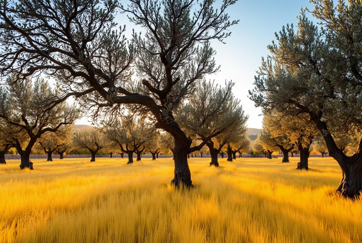 Betzet — ancient olive grove Ancient olive grove on the Betzet estate at golden hour, with golden grasses beneath silver olive trees