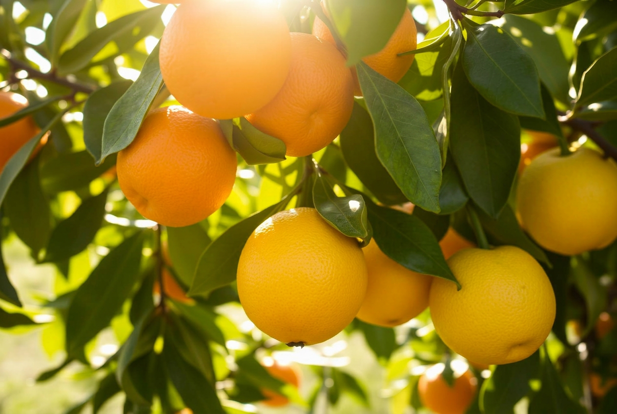 Bustan HaGalil — citrus harvest Close-up of ripe oranges and lemons on the citrus trees of the Bustan HaGalil farm at golden hour