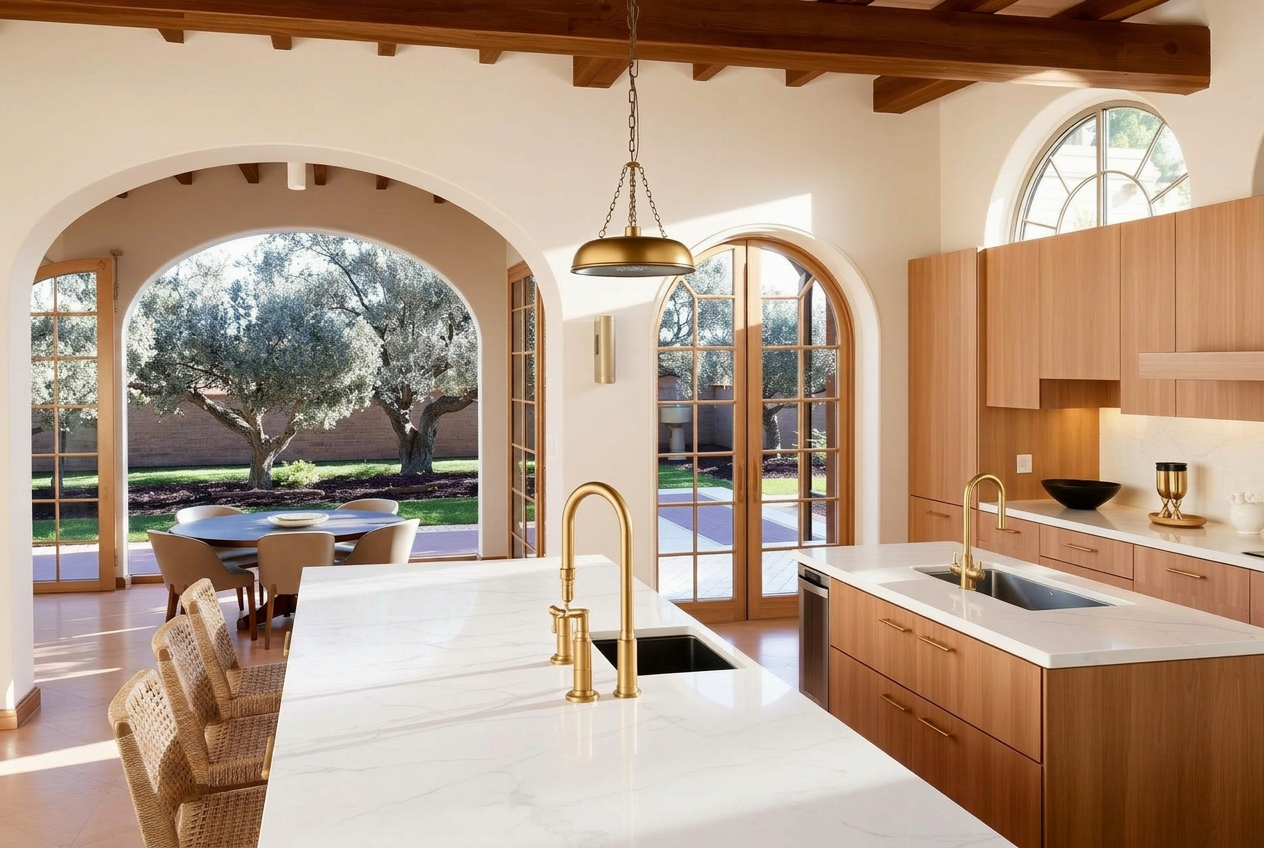 Bustan HaGalil villa — kitchen and dining area Bright luxury kitchen and dining area of the Bustan HaGalil villa with white marble island, arched windows and oak cabinetry