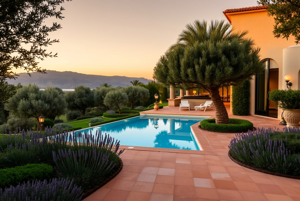 Bustan HaGalil villa — pool and Mediterranean garden Manicured garden of the Bustan HaGalil luxury villa with infinity pool, terracotta tiles, lavender beds and mature olive trees