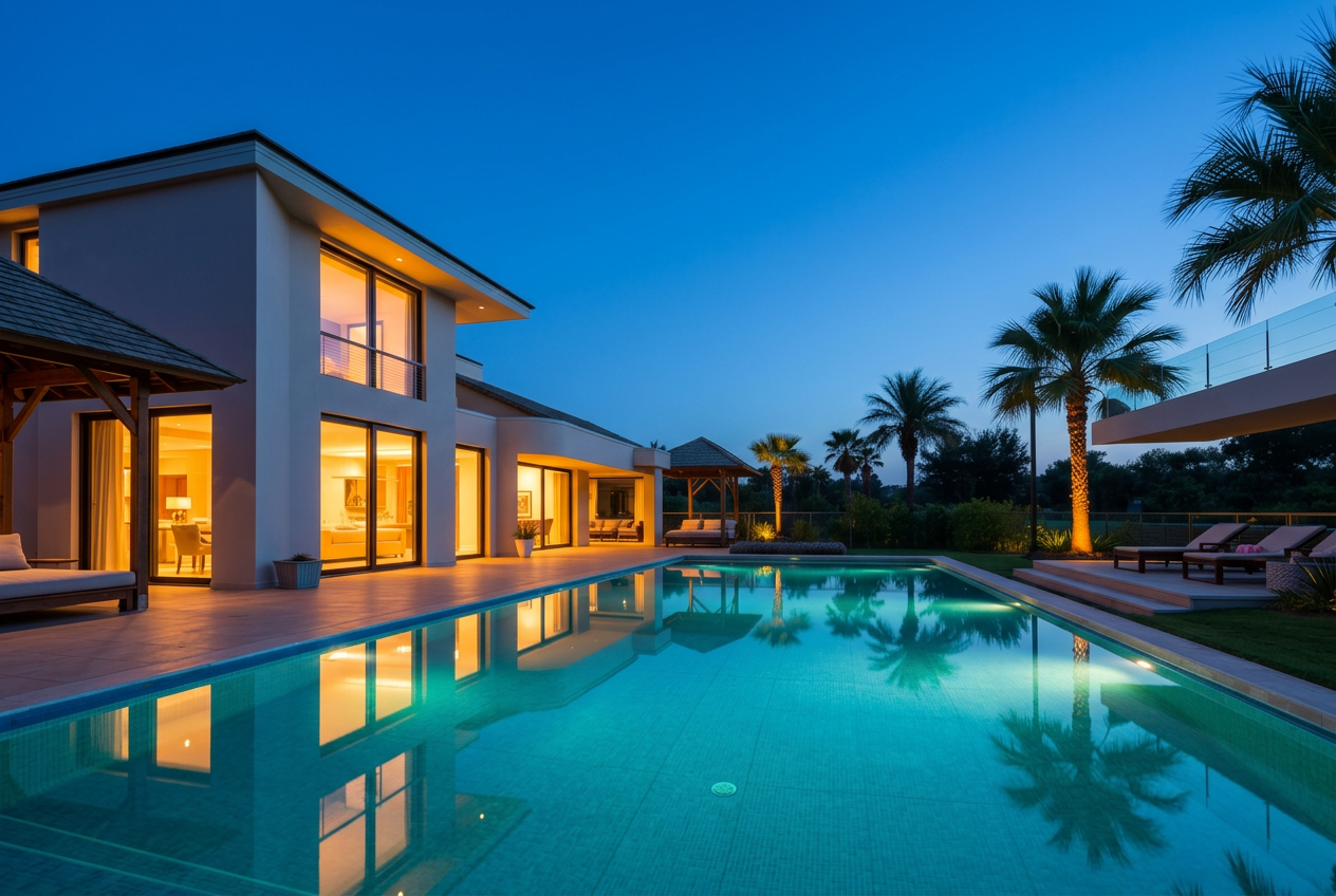 Bustan HaGalil villa at twilight Bustan HaGalil villa at twilight with illuminated pool and warm interior glow