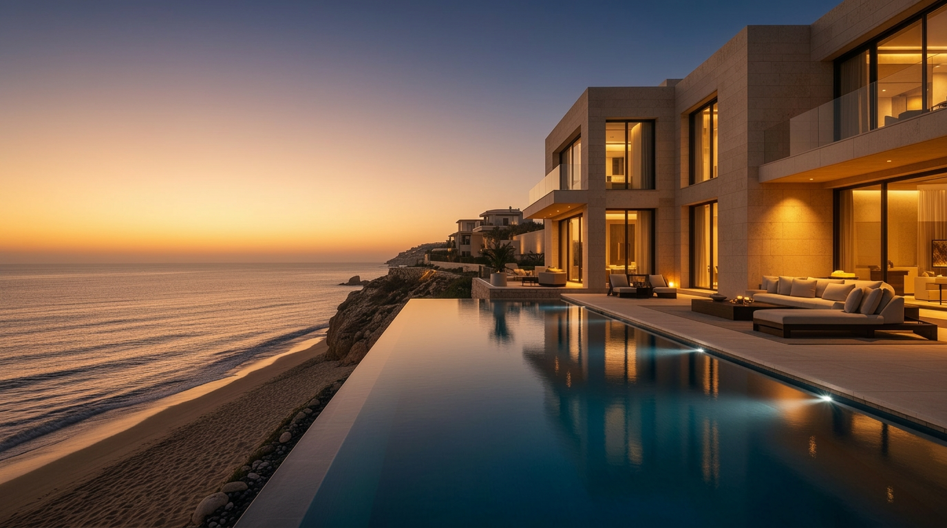 Luxury beachfront villa at dusk in Northern Israel