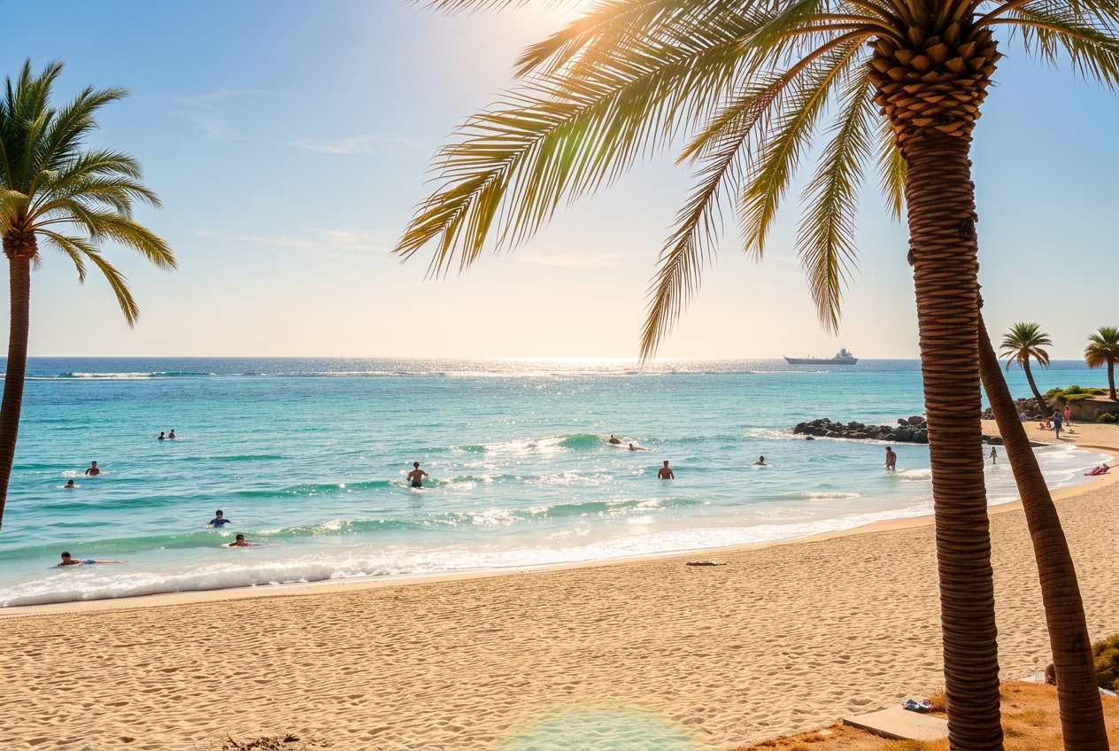Shavei Zion — Mediterranean beach Sun-drenched beach in Shavei Zion with turquoise Mediterranean water and palm trees