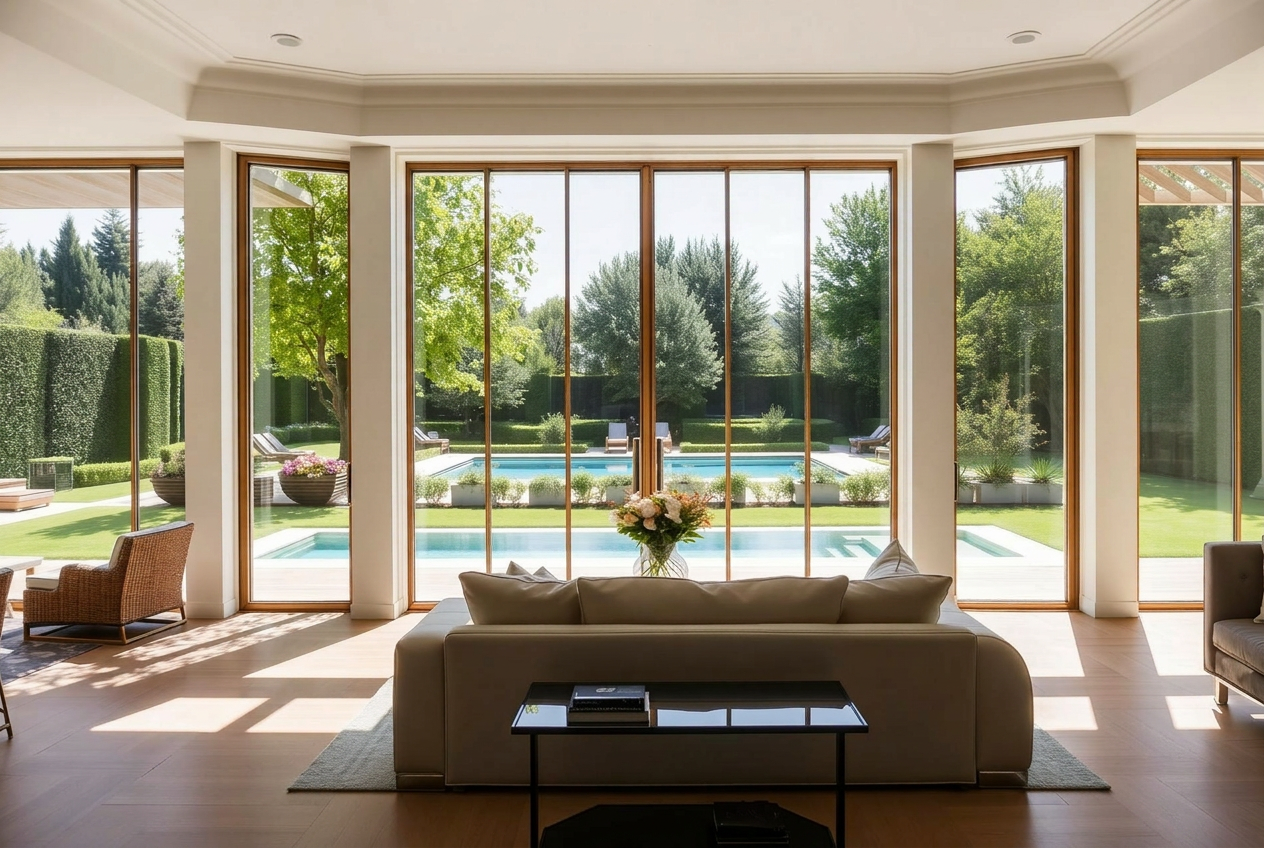 Shavei Zion home — living room and garden Bright living room inside the Shavei Zion residence with floor-to-ceiling windows opening onto the pool and garden
