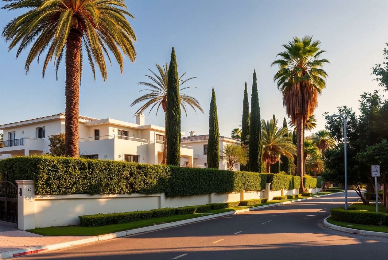 Shavei Zion — residential street Quiet residential street in Shavei Zion with elegant white modernist villas behind landscaped hedges